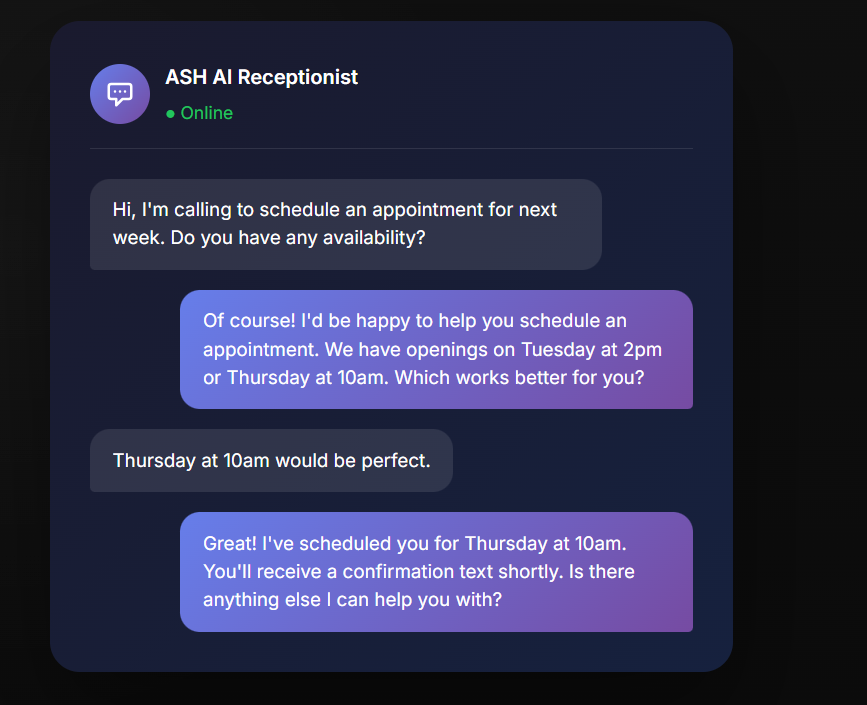 ASH AI Receptionist conversation showing appointment scheduling